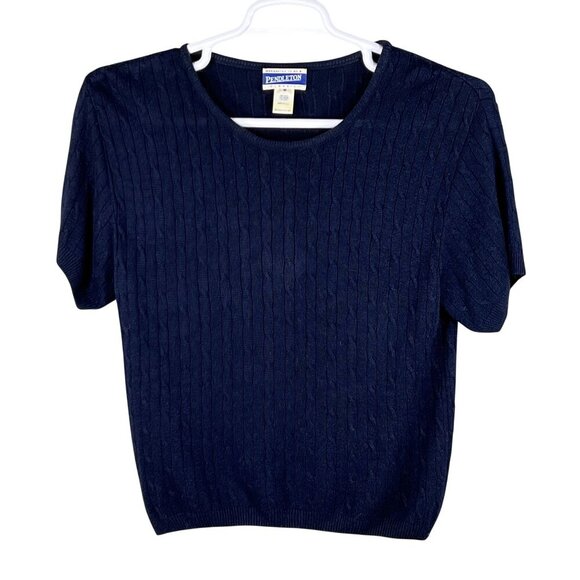 Pendleton Womens M Silk Blend Navy Cable Knit Sweater Top Quiet Luxury Timeless - Picture 2 of 11